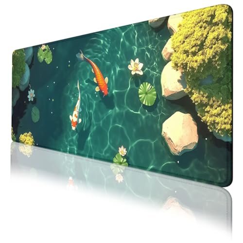 Koi Fish Gaming Mouse Pad 3D Carp Pond Lotus Leaf Swimming Mousepad Extended Large Laptop Keyboard Non-Slip Rubber Base with Stitched Edges for Home 31.5x11.8 in - color: Koi Fish, size: 31.5L x 11.8W inches