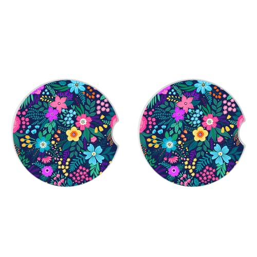 Blue Flowers Car Coasters for Drinks Absorbent,2 Pack Cup Holders,2.56" Ceramic Stone & Non-Scratch Cork Base Coasters,Auto Accessories for Women & Men. - color: Blue Flowers