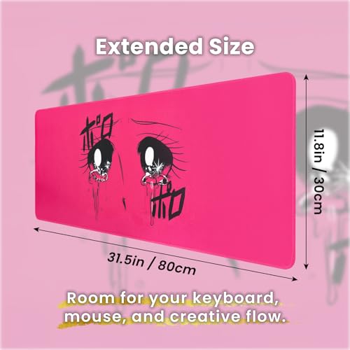 BELLEMOND Japanese Art Desk Mat | Large 31.5x11.8in Anime Mouse Pad for Keyboard & Mouse | Non-Slip Base, Water-Repellent | Original Japanese Design | Crying Girl - Tears of Pink Emotion - color: Crying Girl - Tears of Pink Emotion