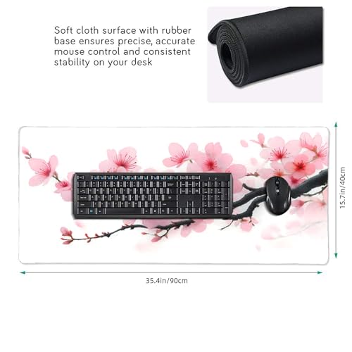 Large mouse pad, XXL gaming keyboard pad, Japanese Pink Sakura Design, Non-Slip Rubber Base, Stitched Edges suitable for gaming and office use, laptop computer table protection pad, 35.4 x 15.7 inches - color: Plum blossoms