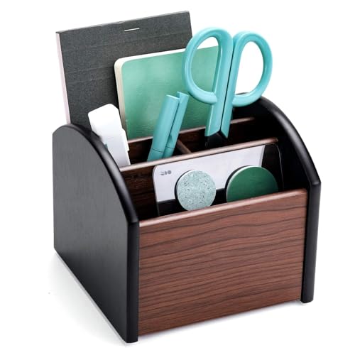 MaxGear Remote Control Holder Caddy, Wooden Desk Organizer, 4 Compartments | 360° Rotating Wooden Caddy; 4 Compartments for Remotes & Desk Supplies; Anti-Slip Base
