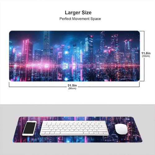 Neon City Desk Pad Mouse Pad 31.5 x 11.8 Inch Modernist Night Fantasy Large Gaming Mouse Mat with Stitched Edges,Non-Slip Waterproof Rubber Base Mous Mat Office Computer Keyboard Laptop Home - color: Neon City, size: 11.8W x 31.5L inches