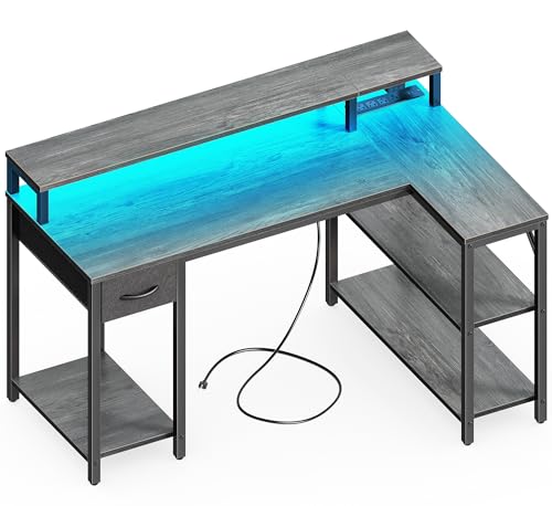SUPERJARE 47 inch Reversible L Shaped Desk with LED Lights & Power Outlets, Computer Desk with Shelves & Monitor Stand, Gaming Desk with Drawer, Home Office Desk Corner Desk, Grey - color: Grey, size: 47 inch
