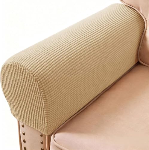Sofa Couch Arm Chair Covers, Armrest Armchair Covers Stretch Recliner Slipcovers, Set of 2 (Khaki) - color: Khaki