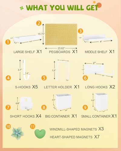 Metal Pegboard Kit — Carbon Steel Pegboards with 26 Accessories, Pegboard Wall Organizer for Home, Office, Study Room, Kitchen, Craft Room & Gaming Setup — 24″ × 16″ Yellow Peg Board - color: Yellow