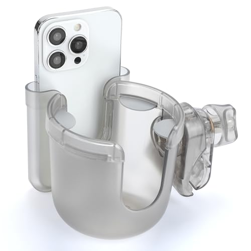 Accmor 2-in-1 Wheelchair Cup Holder, Walker Cup Holder with Phone Holder, Universal Drinks Holder for Stroller, Mobility Scooter, Rollator, Walker, Wheelchair Accessory - color: Transparent Grey
