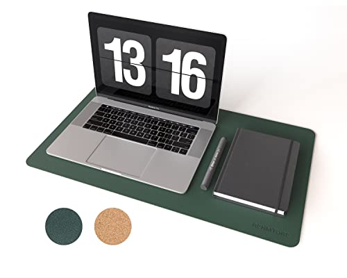 RENMTURE Dual-Sided Mouse Pad, Natural Cork & PU Leather Large Desk Pad for Office and Home Work, Desk Protector Non-Slip, Waterproof, Easy Clean (Dark Green, 23.6" x 13.7") - color: Dark Green, size: 23.6"x13.7"