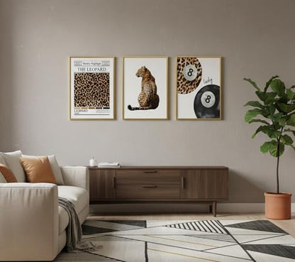 Set of 3 Trendy Leopard Canvas Wall Art Funky Lucky 8 Ball Posters Prints Preppy Room Aesthetic Cheetah Wall Decor Paintings Pictures for Girls Bedroom Apartment Dorm 12x16in Unframed