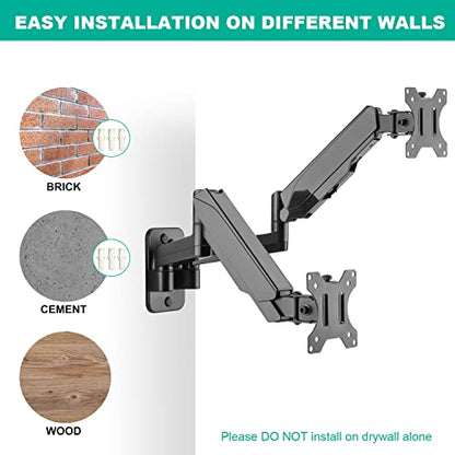 UPGRAVITY Dual Monitor Wall Mount, Double Monitor Wall Stand for Two 17-32 inch Flat Computer Screens, Height Adjustable Gas Spring Mounted Bracket Arms Hold up to 17.6lbs, VESA 75/100