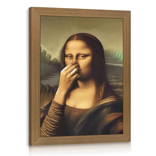 LERVR Wood Framed Funny Mona Lisa Bathroom Wall Art, Whimsical Mona Lisa Toilet Paper Wall Decor, Vintage Parody Bathroom Canvas Print, Humorous Pinching Nose Artwork for Restroom 8x10 Inch - color: MonaLisa, size: 10"L x 8"W