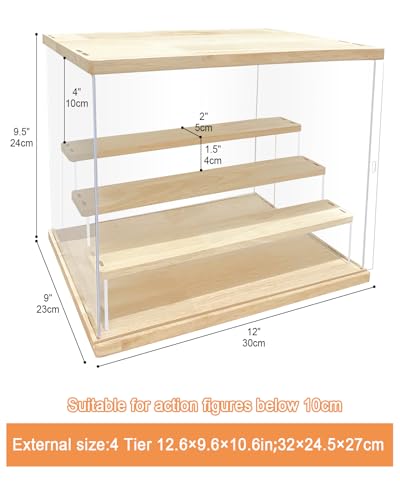 Clear Acrylic Display Case with Light , 4 Tier Display Box Stand Assembly Dustproof Protection Showcase for Collectibles Action Figures (12.6×9.6×10.6in; 32×24.5×27cm) - color: Wood with light, size: 4 Tier 12.6×9.6×10.6in；32×24.5×27cm