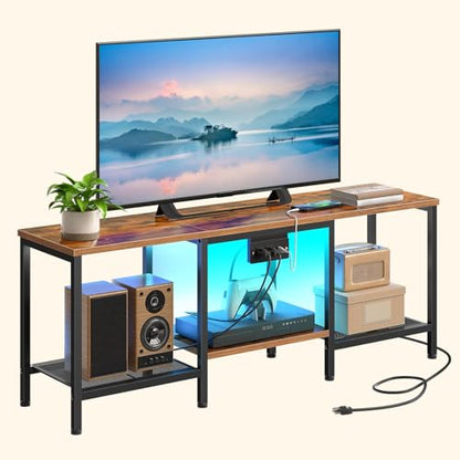 HOOBRO TV Stand with Charging Station to 55 Inches, LED Entertainment Center, Media TV Console Table with Open Storage Shelving for Living Room, Bedroom, Rustic Brown and Black BF122UDDS01 - color: Rustic Brown + Black