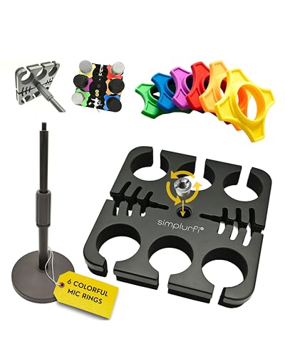 Multi Microphone Holder Cable Hanger & Organizer with Desktop Mic Stand - Square Tray Attachment holds up to 6 mics On Stage Organizer and Display - 6 Anti-roll Rings Included - size: with stand
