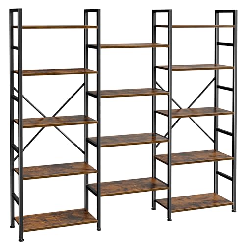 SUPERJARE Triple Bookshelf, Bookcase with 14 Open Display Shelves, Wide Book Shelf Book Case for Home & Office, 5 Tier, Brown - color: Rustic Brown, size: 5 Tier