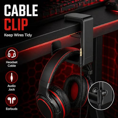 Clamp-On Under Desk Headphone Hanger, 360° Rotating Hook with Cable Clip, No Adhesive No Drill, Gaming & Office Desk Headset Organizer Black