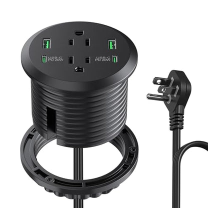3 inch Desktop Power Grommet with PD 20W USB C,Furniture Recessed Power Strip,2 Outlets,4 USB Ports,40W Total,Flush-Mount for Desktop, Workspace Essential Desk Outlet (Black, 6 FT Cable)