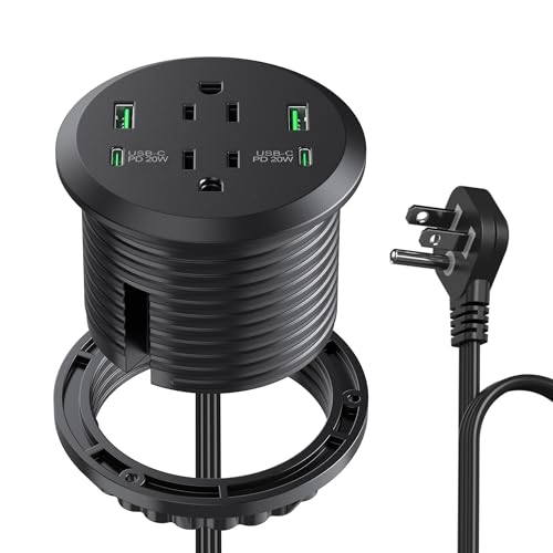 3 inch Desktop Power Grommet with PD 20W USB C,Furniture Recessed Power Strip,2 Outlets,4 USB Ports,40W Total,Flush-Mount for Desktop, Workspace Essential Desk Outlet (Black, 6 FT Cable)