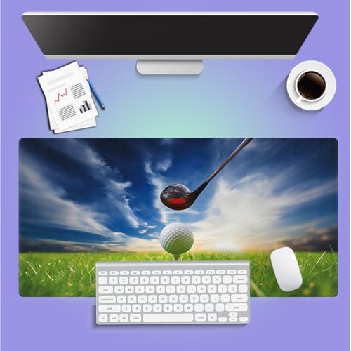 Large Gaming Mouse Pad (31.5" x 15.8") - Golf Club Themed Macro Photography Print of Lofter and Ball on Tee Sports, Extra XXL Office Accessories, Premium Stitched Anti-Slip Office Desk Mat - color: Golf Design