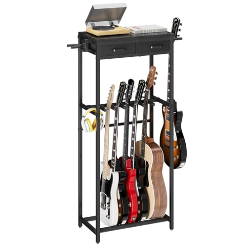 ELYKEN Guitar Stand, Guitar Rack with 2 Hangers and Storage Drawers for Guitar Accessories, Multiple Guitar Holder for Acoustic Electric Guitar, Bass, Ukulele, Instrument, Music Studio, Black - color: Black, size: 5-7 Guitars