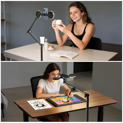 Overhead Phone Mount with Light, Cell Phone Stand for Video Recording, 360 Degrees Swivel Tilt Adjustable Floor Camera Filming Tripod. Content Creator Phone Holder, for iPhone/Android (L11)
