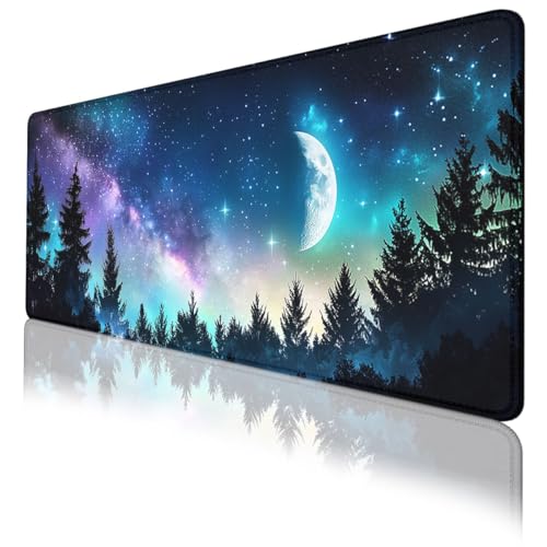 Night Sky Gaming Mouse Pad Moon Starry Sky Stars Galaxy Forest Large Desk Mat with Stitched Edges,Non-Slip Waterproof Rubber Base Mouse Mat 31.5 x 11.8 Mouse Pads for Desk Home Office Gaming - color: Night Sky, size: 31.5" x 11.8"