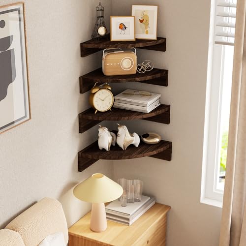 Alsonerbay Corner Shelf Wall Mount, Floating Shelves for Wall Storage and Display, Set of 4 Rustic Wood Shelves for Bedroom, Kitchen, Living Room, Nursery and Office (Dark Brown) - color: Dark Brown, size: Set of 4