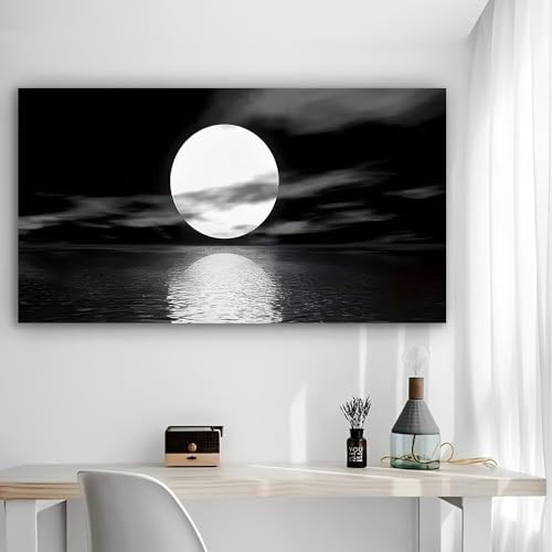 Oval Moon Over Water Rustic Canvas Wall Art - 12x24in Unframed Poster- Home & Office Decor for Living Room, Bedroom, Kitchen & Cafe - color: Oval Moon
