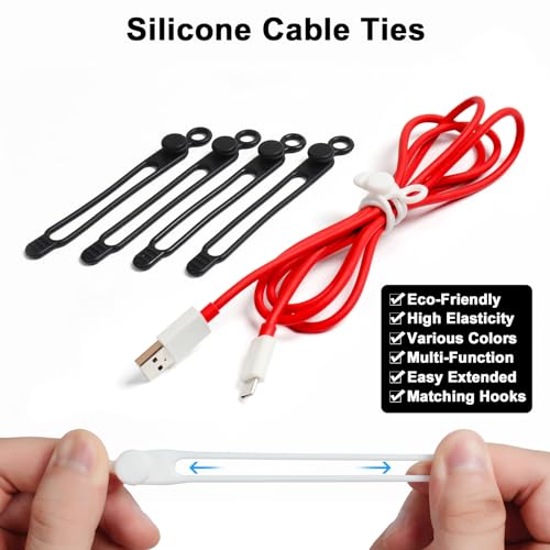 48Pcs Cord Organizer Kit, Reusable Silicone Cable Ties, Strong Adhesive Cable Clips for Cable Management, Multipurpose Wire Management for Bundling and Fastening Various Wires (Black, White) - color: Black, White-48pcs