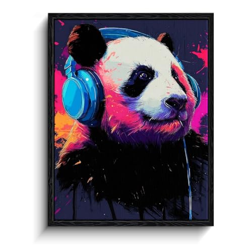 Headphone Panda Wall Art, neon graffiti portrait, street art wall decor, matte finish framed canvas print, music poster artwork, for dorm game room gift, 12x15 inch - color: Graffiti Panda Beats