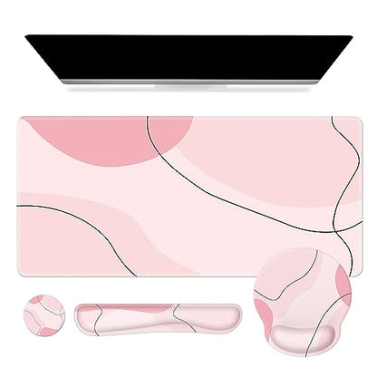 iCasso Large Gaming Mouse Pad Wrist Support Set, Desk Mat, 4in1 XXL Mousepad + Keyboard Wrist Rest+Mouse Wrist Rest+Coaster Set with Ergonomic Design for Home Office Table Computer-Pink Art - color: Pink Art