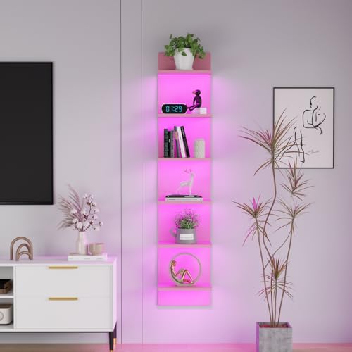 Qupui 6-Tier Wall Shelf with RGB LED Lights, 57" Tall Floating Storage Organizer for Bedroom Living Room Game Room - Pink Wall Mounted Shelves with 22 Lighting Modes - color: Pink
