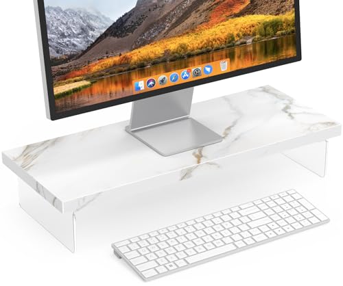 Monitor Stand Riser, Wood & Acrylic Computer Monitor Stand Desk Desktop Organizer Table For Home, Office Workspace, Laptop Riser, Printer, PC & TV Screen Riser - color: White-Sintered Stone, size: 25*10 Inch