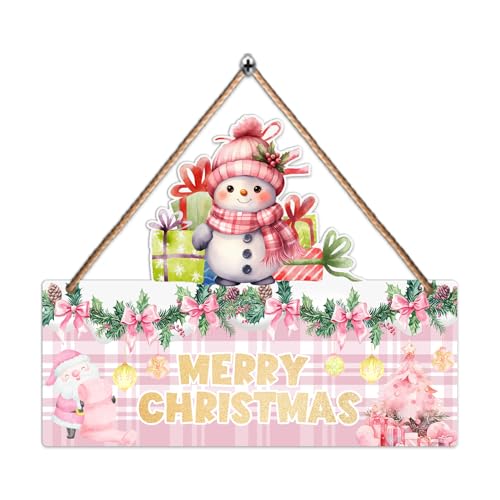 1PCS Merry Christmas Wall Hanging Sign, Pink Wooden Sign for Front, Chrismas Theme Welcome with Snowman, Perfect for Winter Farmhouse Garden Porch Wall Decor (Christmas Door Sign) - size: 1pcs-pink-christmas