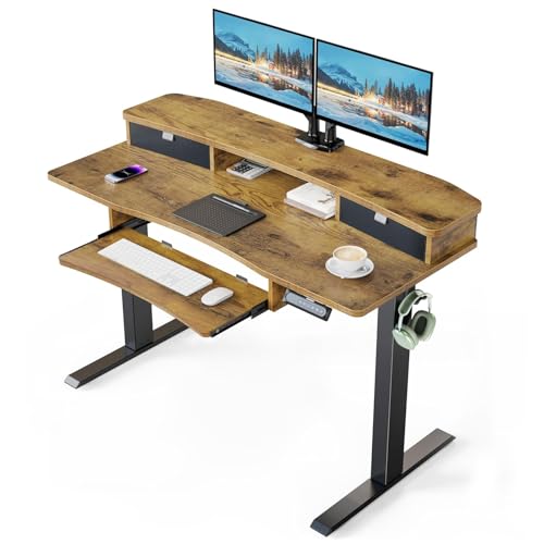 HUANUO 48" x 26" Electric Standing Desk with 2 Drawers & 26.7" Large Keyboard Tray, C-Clamp Mount Compatible, Adjustable Computer Desk for Home Office, Stand Up Desk with 4 Height Presets, Vintage - color: Vintage Brown, size: 48" x 26"