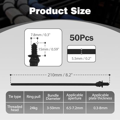 50PCS Push Mount Cable Zip Tie 8.3 x 0.2 inch Self Locking Cable Strap Push Mount Cable Ties Nylon Car Mount Wire Tie Car Fastener Cable Clips Wraps for Indoor Wire Tying - size: 50 Pcs