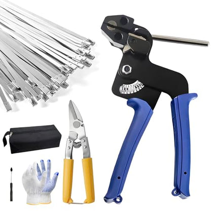 Heavy Duty Stainless Steel Zip Tie Gun Kit with 100pcs Self-Locking Metal Cable Ties, Duty Outdoor Adjustable Fastening Cutting Tie Tool Sets, Durable & Adjustable Tool Set (Blue) - color: Tool