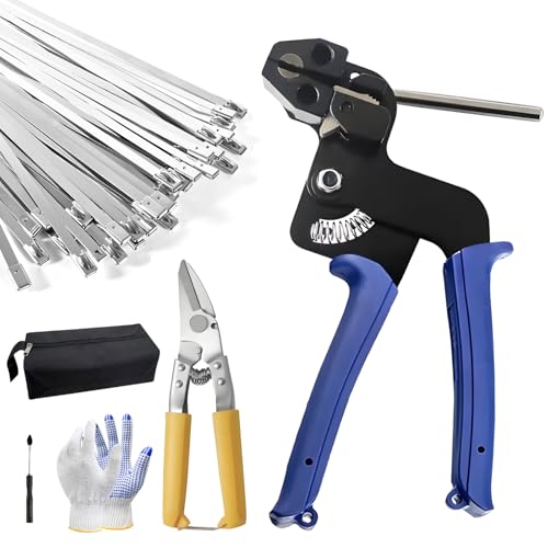 Heavy Duty Stainless Steel Zip Tie Gun Kit with 100pcs Self-Locking Metal Cable Ties, Duty Outdoor Adjustable Fastening Cutting Tie Tool Sets, Durable & Adjustable Tool Set (Blue) - color: Tool