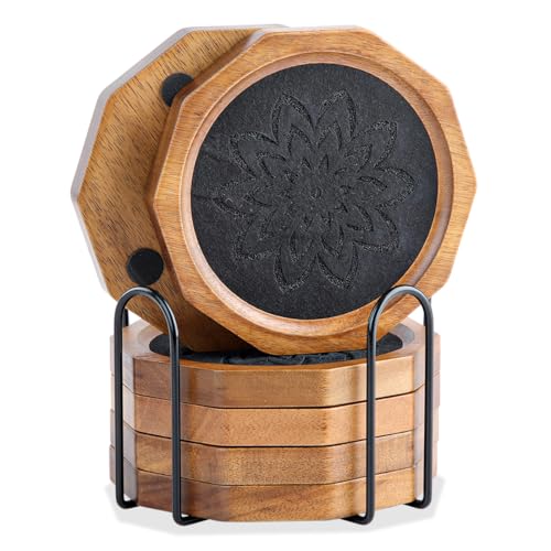 Wood Coasters for Drinks Absorbent with Lip, 4.3 Inch Rustic Acacia Wood Black Felt Coaster with Holder for Wooden Coffee Table for Cups, Mugs, and Glasses - Set of 6 - color: Black Felt