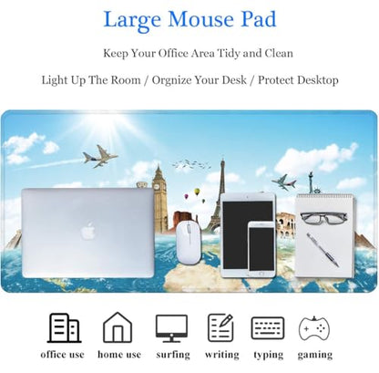 31.5x11.8 Inch Non-Slip Long Extended Large Gaming Mouse Pad with Stitched Edges XL Laptops Keyboard Mouse Mat(Travel World) - color: Travel World