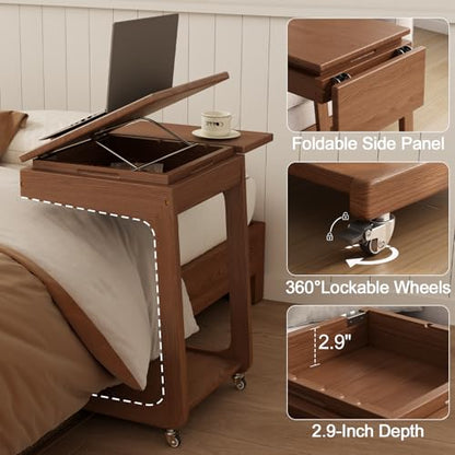 Solid Wood C Shaped End Table for Couch,Walnut C Table with Wheels,Rolling Side Table with Storage,Couch Desk with Adjustable Desktop,Rolling Tv Tray with Folding Shelf,Modern Couch Table - color: Walnut