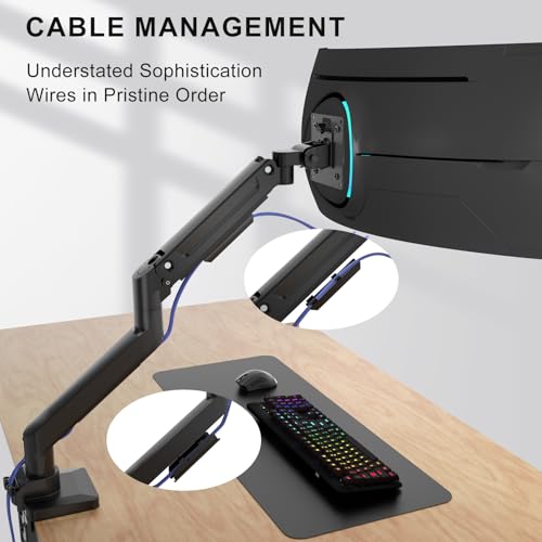 WALI Heavy Duty Single Monitor Arm for 13-49 inch 1000R Curved Screens, up to 44 Lbs, Adjustable Single Monitor Desk Mount with C-Clamp, Grommet Base, 75/100mm VESA Mount (GSM001XL), Black - size: 13" to 49"