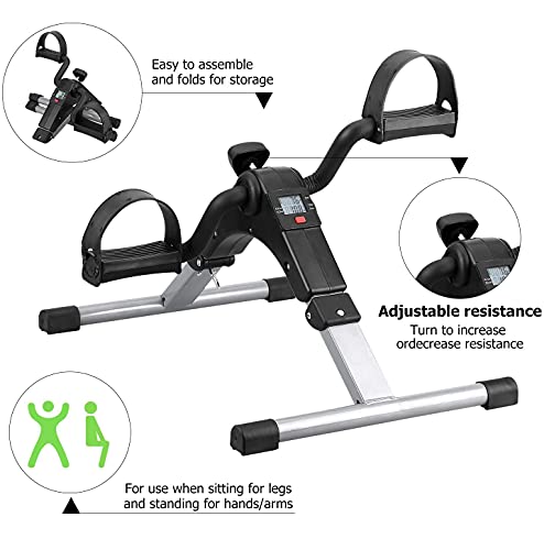 Folding Pedal Exerciser, Mini Under Desk Bike - Portable Foot Hand Cycle Peddler Machine Bicycle Exerciser for Arm Leg While Sitting - color: Silver
