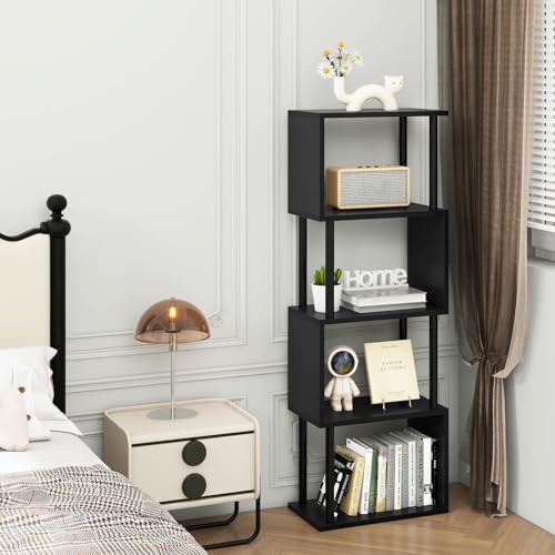 IBUYKE 5-Tier Tall Bookshelf,S-Shaped Geometric Bookcase, Wood Display Shelves with Storage,Modern Bookshelf for Living Room Bedroom, Home Office, Black WBC015B - color: Black, size: 5 Tier
