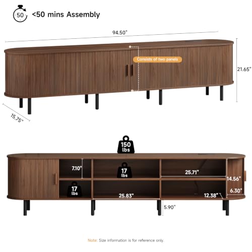 ONBRILL 94.5" TV Stand with Power Outlet for TVs up to 102 Inch, Entertainment Center with Storage and Adjustable Shelves, Modern Media Console with Sliding Doors for Living Room, Walnut - color: Walnut, size: 94.5 Inch