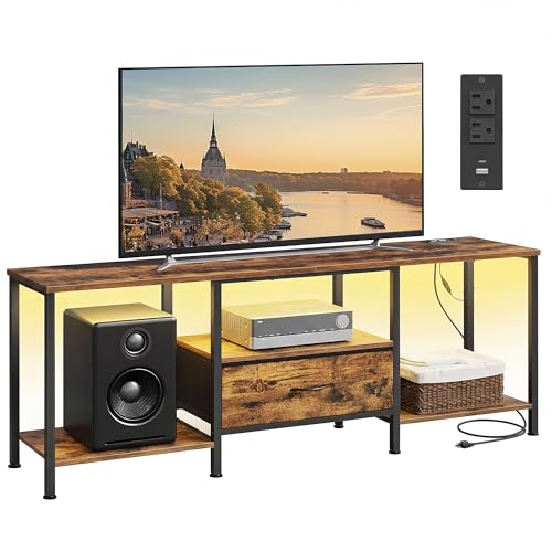 SONGMICS BELLAH Collection - TV Stand for TVs Up to 70 Inches, Media Console Table and Entertainment Center Unit for Living Room, with Shelves and Drawer, Steel, Industrial, Rustic Brown ULGS131K101S - color: Rustic Brown, size: 13.8"D x 61.8"W x 23.6"H