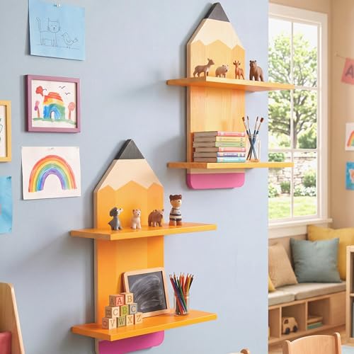 Gerrii 2 Pcs Pencil Wall Bookshelf for Classroom Pencil Classroom Decor Wooden Floating Shelves Rustic Wood Floating Shelf Back to School Party Decoration for Nursery School Daycare Storage