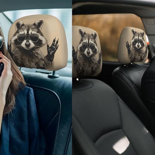 Dujiea 2 Pack Funny Raccoon Car Headrest Covers, Universal Soft Car Seat Head Rest Cover Protector, Vehicle Accessories Fabric Headrest Cover for Cars Vans Trucks - color: Funny Raccoon
