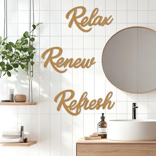 3 Pieces Bathroom Decor Rustic Bathroom Wall Art Wooden Bathroom Sign,Relax Renew Refresh Sign (Brown large) - color: Brown large