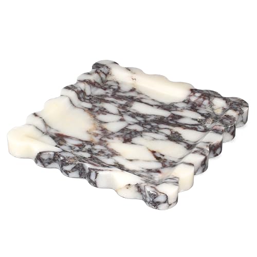 Square Marble Vanity Tray with Scalloped Edge - Natural Marble Perfume Tray Decor for Dresser, Vanity, Kitchen, Home Decor, Decorative Square Stone Tray - Calacatta Viola 8 * 8 inch - color: Calacatta Viola
