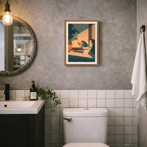 LERVR Wood Framed Funny Frog Bathroom Wall Art, Whimsical Frog Reading Newspaper on Toilet Wall Decor, Cute Animal Bathroom Canvas Print, Humorous Japanese Style Artwork for Restroom 12x16 Inch - color: Frog, size: 16"L x 12"W